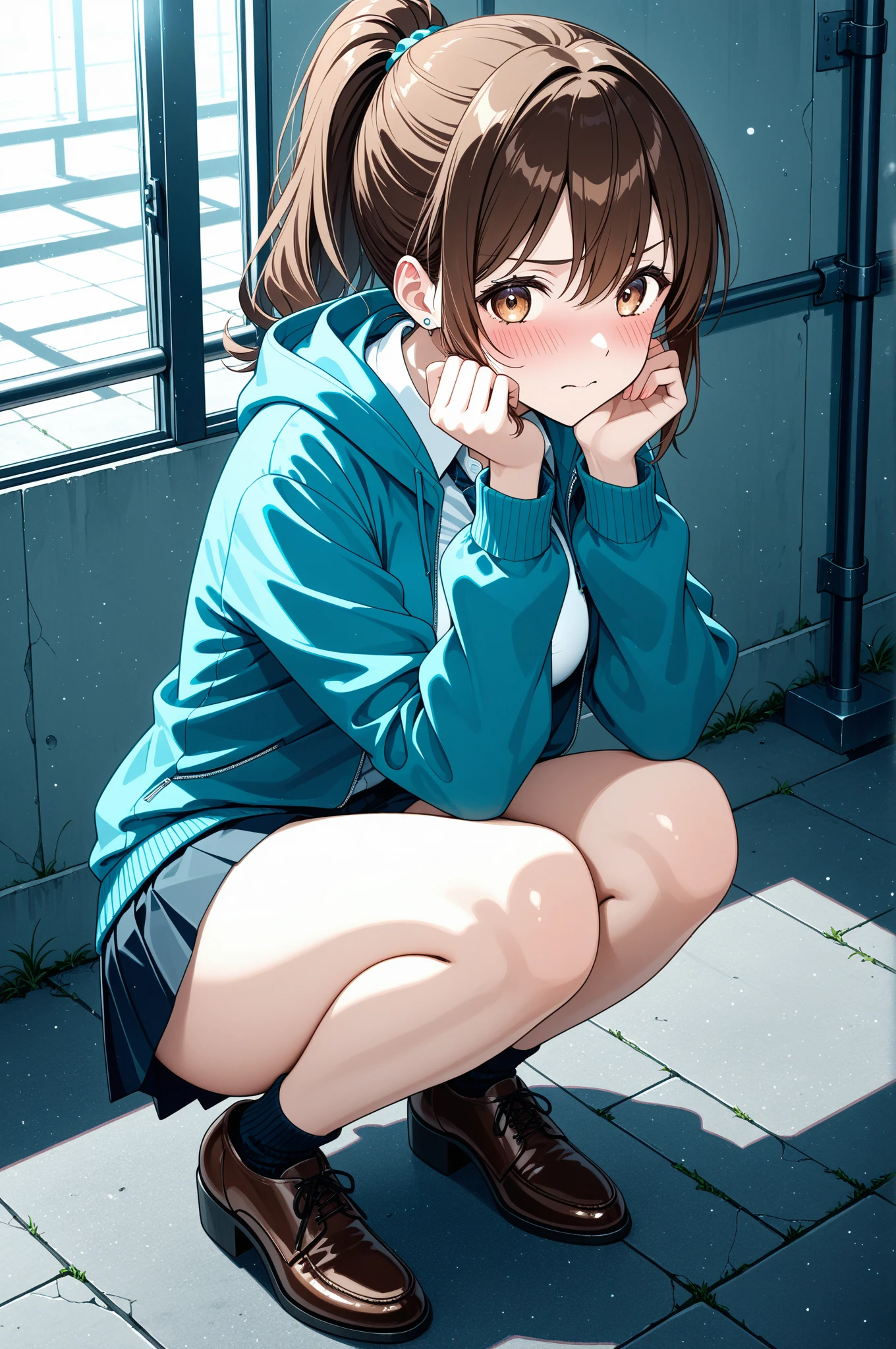 Best image quality, super detailed light and shadow, literary style, cute girl, comfortable sitting position, bright black and brown ponytail, charming brown big eyes, playful and beautiful, full of literature, fluffy blunt bangs, stylish light blue low-cut hoodie, sneakers.