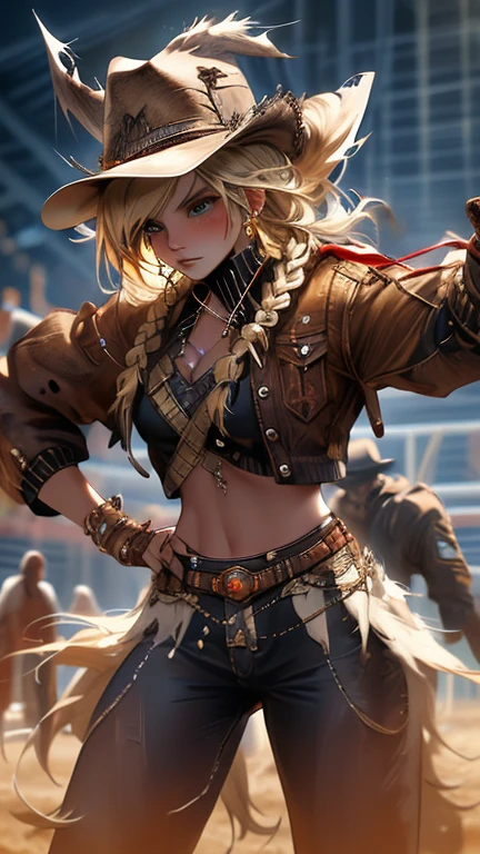 (((top-quality, masterpiece))), (( lot of details), (((depcit very young girl surrounded by ropes))), (((elegant cowgirl))), sexy, blond hair, long hair, straight hair, (((bandage))), (((bound with ropes))), (((arms behind back))), cowboy hat, (wearing leather cowboy clothes), leather revolvers belt, open legs, spread legs, brown eyes, thin , ((small breasts)), ((topless)), nice hips, open shoulders, sassy, (Masterpiece, Excellent, complex details), delicate girl, delicate face, pretty, sunny desert, a western atmosphere,
