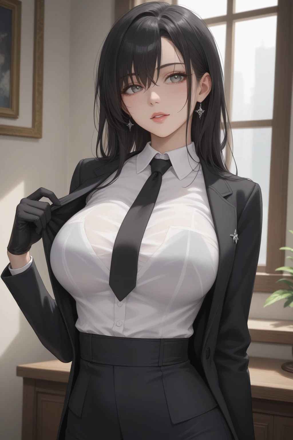 (1girl 24 years old:1.3), (photorealistic:1.4), (masterpiece, top quality, best quality, official art), extreme detailed, highest detailed, (ultra-detailed), ((an extremely delicate and beautiful)), cinematic light, (realisticlying:1.3), (highdetailskin:1.2), high resolution, 8K UHD, 4K, 8K, Bokeh, digital SLR camera, absurderes, Optimal proportions of four fingers and one thumb,
((silky long hair)), (brown hair), beautiful face, perfect face, highly detailed beautiful face,
Cute, shy,faint smile
hotel reception, midnight,
dynamic angle, from above,
((Wearing a black formal blazer)), ((white blouse with collar)), cleavage, skirt, lacepantyhose, blue underwear,
open legs a little, kneel down,