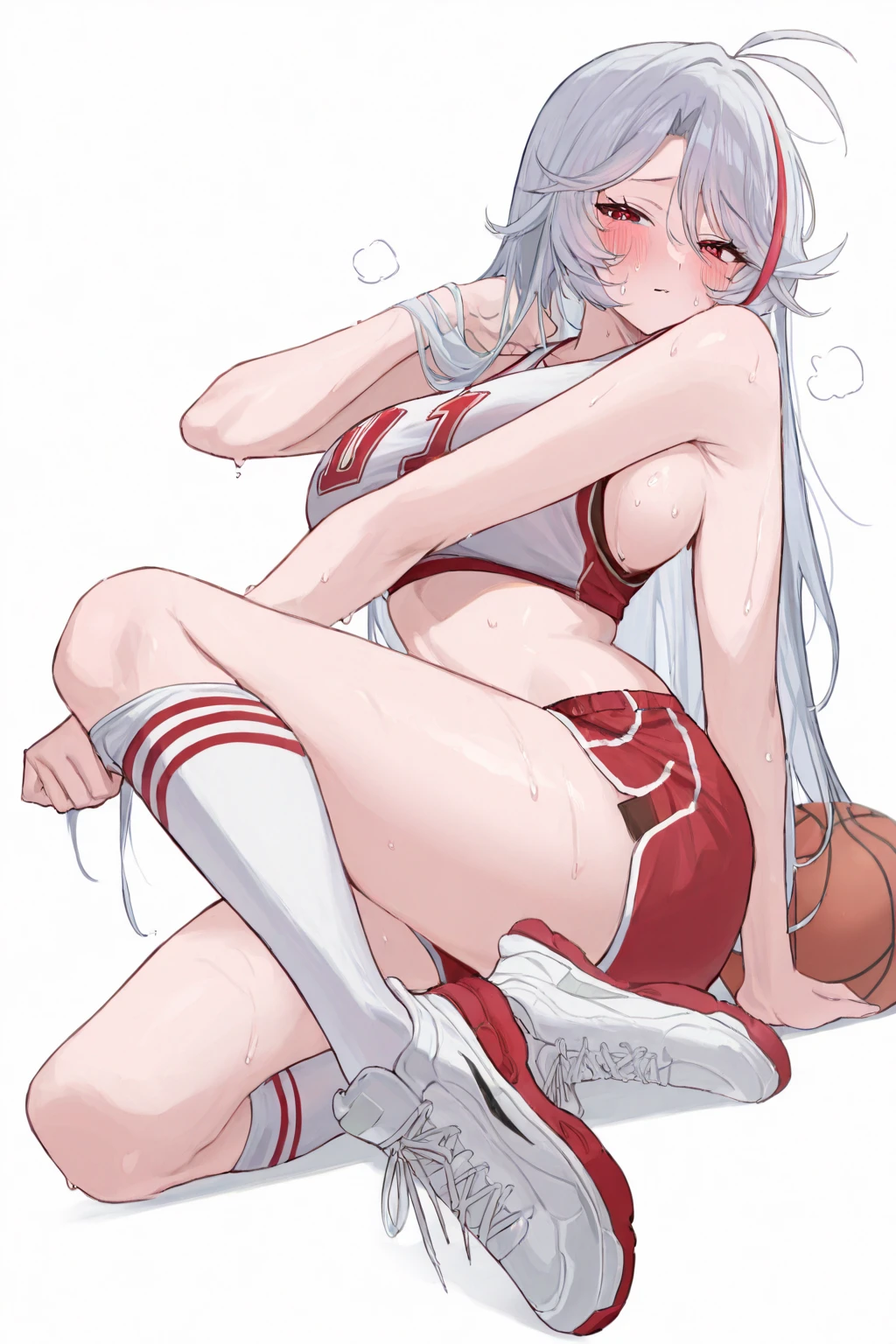 masterpiece:1.3、ultra high resolution:1.3、uncensored,1girl, sitting on bed,(white loose socks),G cup、full body、beautiful silver bob hair、sexual excitement、erotic、blush、real moist skin、Stuffy、wet、cute、fashion,( cheerleader outfit, cheerleader uniform, crop top, miniskirt)、1boy,penis,footjob,cum,