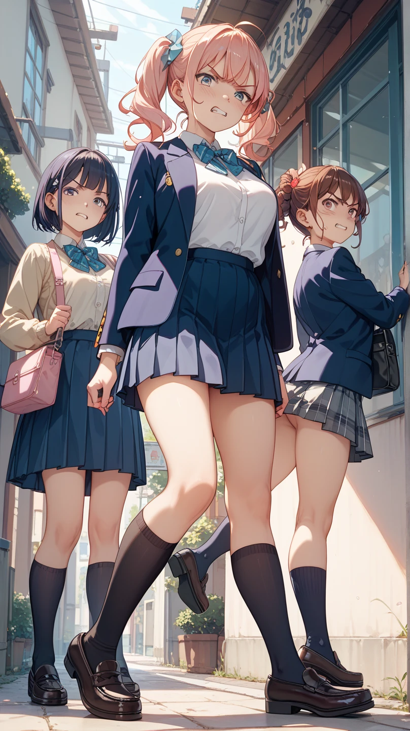 Anime. 4 girls. Young girls. Lovely girls. High school girls. Standing. Full height. Full body. School gate. Stomachs hurt. Hands on bellies. Knees together, feet apart. Girls can't stand straight. Diarrhea. Pooping in panties. They poop on the street. Embarrassment. Tears in my eyes. Beautiful character design. Shiny skin. nswf. Official art. Extremely detailed CG Unity 8k wallpaper. Ideal lighting. Ultra high resolution 4K. Super detailed 8K resolution. A high resolution.
