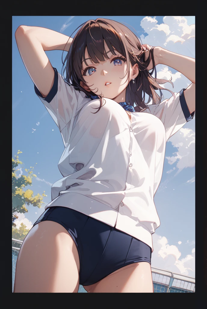 Best image quality,１People Girl,,Shiny Hair,black eye,Shining Eyes,smile,Double teeth,(Sunburn,Bikini Bag),sunflower,stream,Water Play,Wet,Tank top,See-through mini skirt,girl,small,small breasts,Navel Fashion,View from below,A mini skirt that falls to the waist