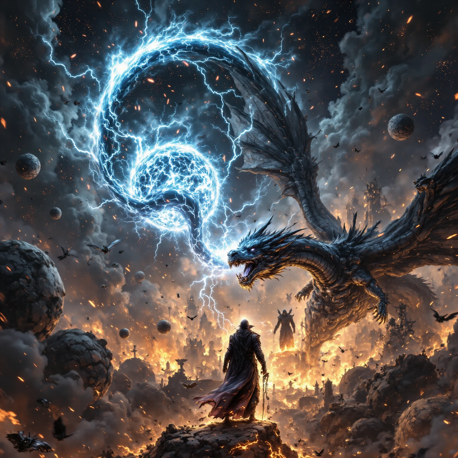 Sorcerer vs. Void Leviathan: A powerful sorcerer in flowing robes channels arcane energy against a colossal leviathan emerging from a swirling void. The battle is set against a cosmic backdrop with swirling galaxies and dark nebulae.