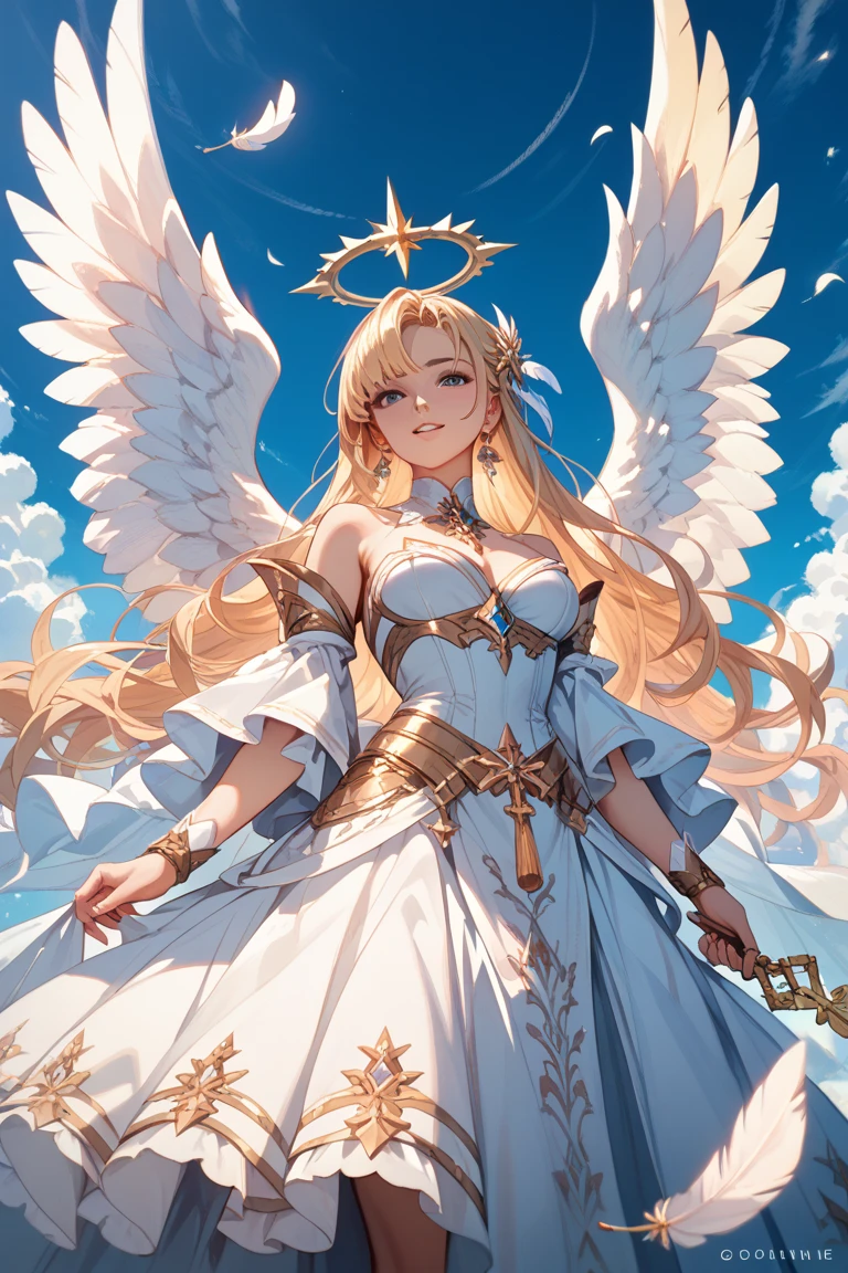 Teenage Girl,Fantasy World Princess,obsessed,Full Breasts,(Angel Wings),in love,sacred,(And the White Princess Dress:1.3),Blonde hair and blue eyes,Blue eyes,Great Sword,holy sword,Super super details,Ruffles,大量Lace,(There are stripes on the clothes:1.2),(Dress nicely:1.1),(Layered Skirt),Sheer and transparent clothing,Beautiful and delicate face,Movie Lighting,night,The only person,Lace,(shine:1.2), (Best quality), (masterpiece:1.2),sparkling gemstones