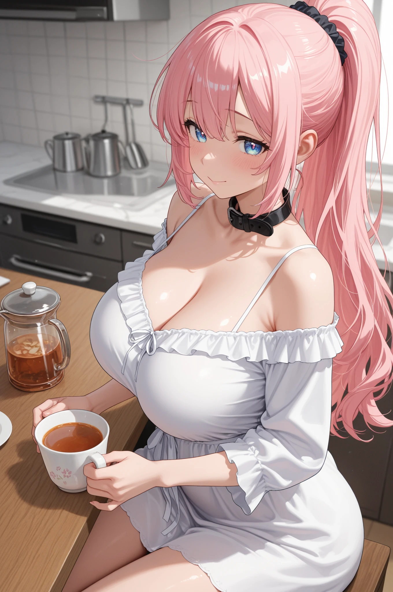 1girl, solo, nakano nino, pink hair, butterfly hair ornament, (naked:1.3), (white apron), large breasts, cleavage, thighs, cafe background, (blushing:1.3)