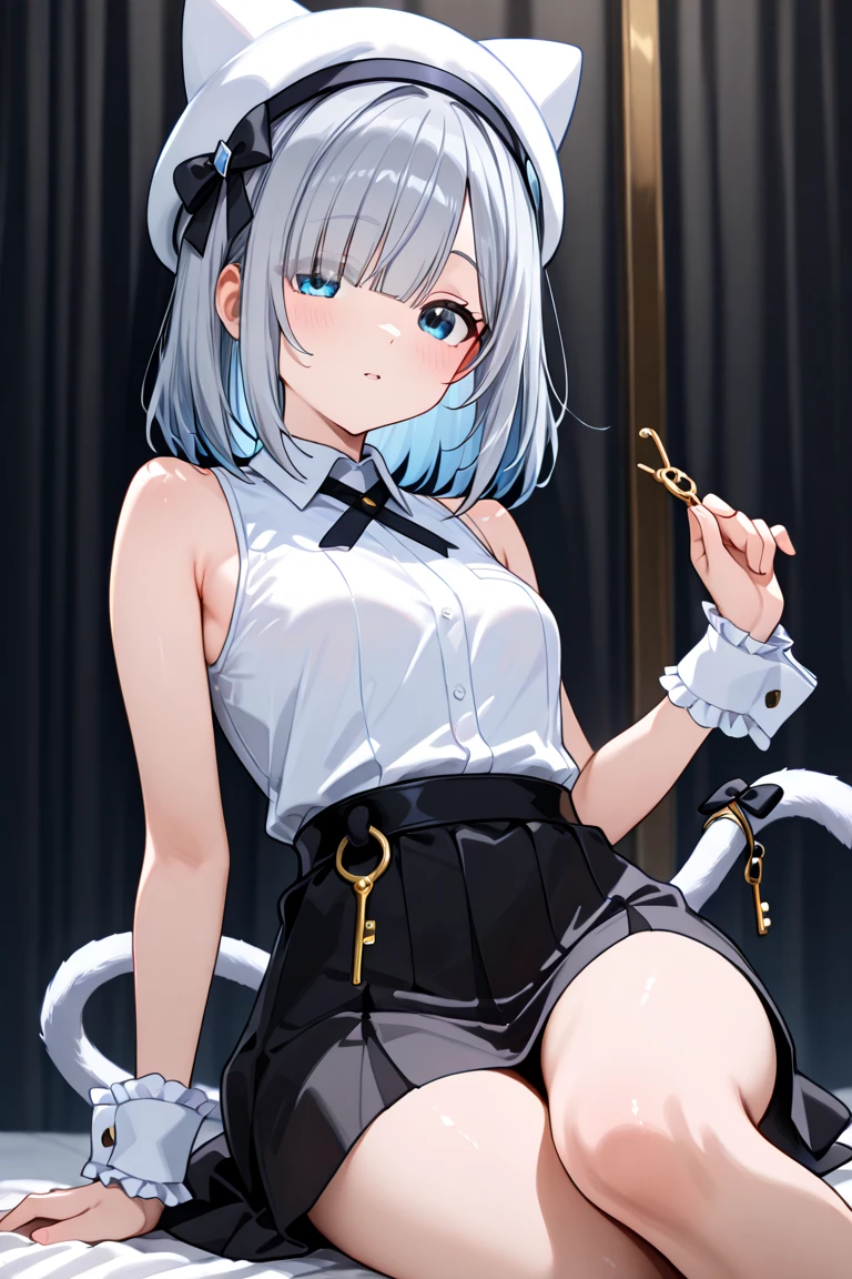校服，Curled up in an iron cage，Perfect figure，The skin is as fair as crystal jade，Orc symbaroum，fox tails，White color hair ，Cattail cat ears，huge tit，Bare chest，Highest high resolution，hyper HD，Pee，The chest is tied with a rope，The neck is worn on a chain，black lence stockings，Kneeling ，Black heels，taking a shower