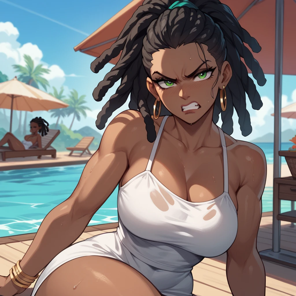 fat girl, obese girl, standing in a steamy bathhouse, shower, huge ass/thighs, sexy afro girl, black braids, wearing purple bikini massive boobs, brown glowing eyes, very dark skin, sexy flirty smile High resolution