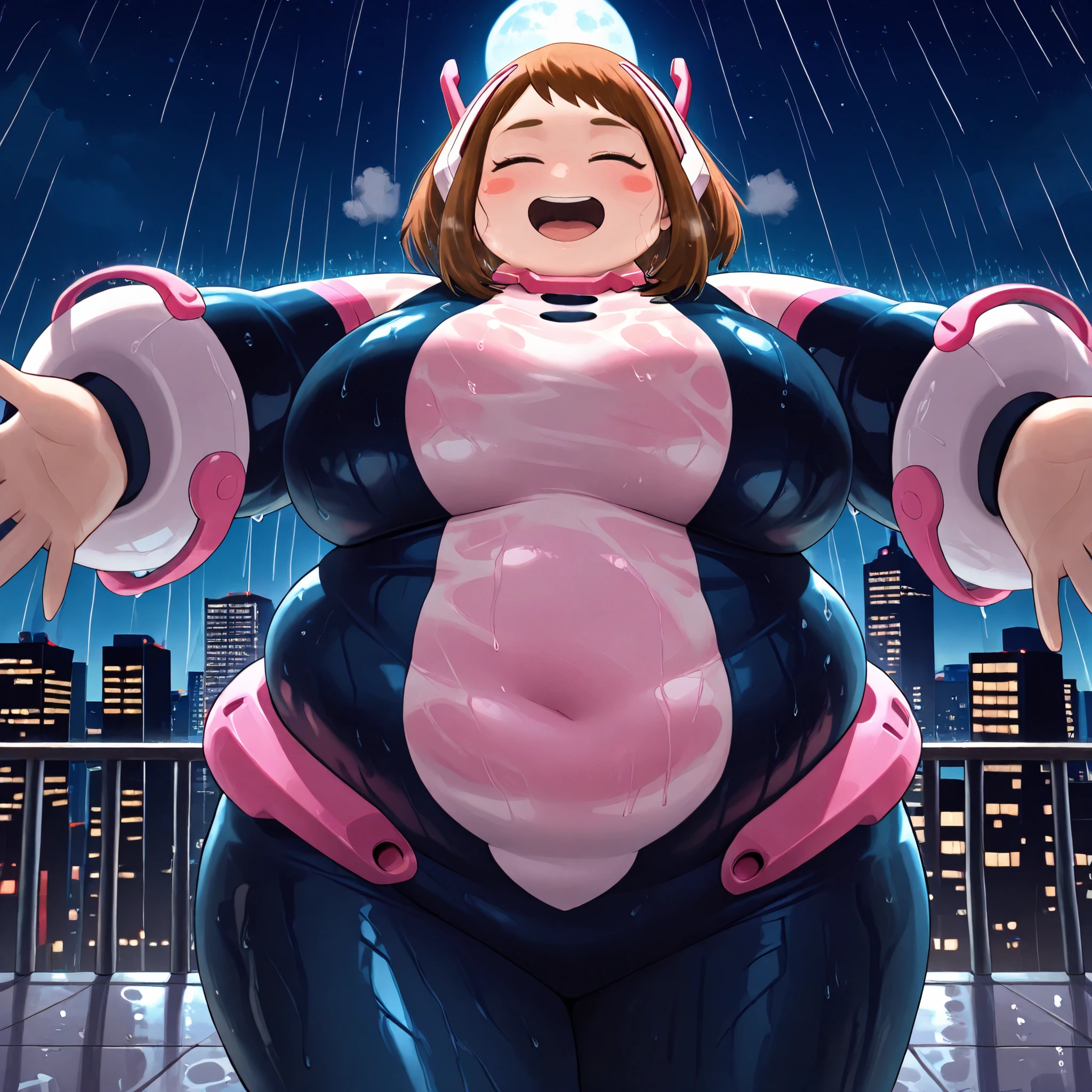 masterpiece, best quality, 1girl, solo, looking at viewer, urarak4, brown hair, short hair, blush stickers, , outdoors, rooftop, cityscape, building, (rain), , , cowboy shot, brown eyes, uravity_suit, pink armbands, multicolored bodysuit, headgear, pink collar, night, starry sky, wet clothes, wet, wet hair, moon, city lights, dark theme, dim lighting, dark background, silhouette, backlighting, light smile, fat, chubby, obese, gigantic arms and legs, large breasts open mouth, out of breath, sparkle, incoming hug, close up, closed eyes,