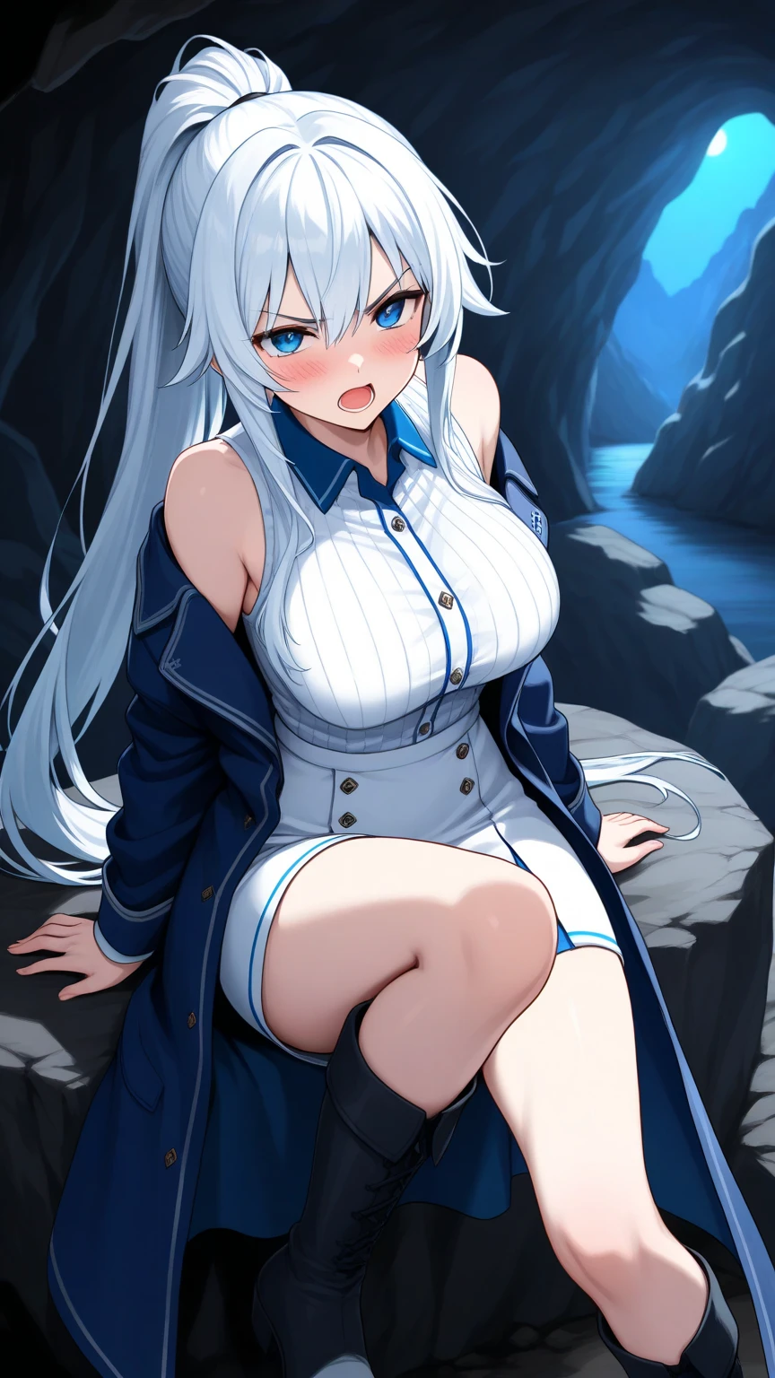 anime, (high quality, detailed, beautiful), shiny, detailed beautiful eyes, outstanding, countershading, detailed soft lighting, an exquisite animation illustration, score_9, score_8_up, score_7_up, source_anime, anime screencap, anime coloring, sidelighting, shiny luminous, 1girl, solo, solo focus, (shifty), blue eyes, blue hair, long hair, two side up, skinny, large breast, wide hips, shiny skin, wet skin, very sweaty, very wet skin, steaming body, (blood, bloody, blood on face, blood on clothes), awkward grin, blush, embarrassing, scared, v arms, squeezed breasts, looking at viewer, sky, squatting, ass, no panties, dutch angle, cowboy shot, outdoors, graveyard, night, moon, expressiveh, attractive poses, yellow fog, (poop, pooping, brown poop)