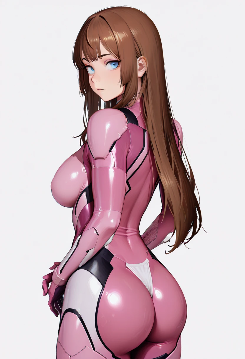 masterpiece, Highest quality, 1 person,( Large Breasts,Are standing, View your viewers,),Detailed Background、A person who writes in detail、Accurate human body、Knowledgeable person、Accurate 5 fingers,Mature Woman,Thick thighs,Curvy Body,明日香,impossible bodysuit,pink bodysuit,blue eyes,very long hair,brown hair,