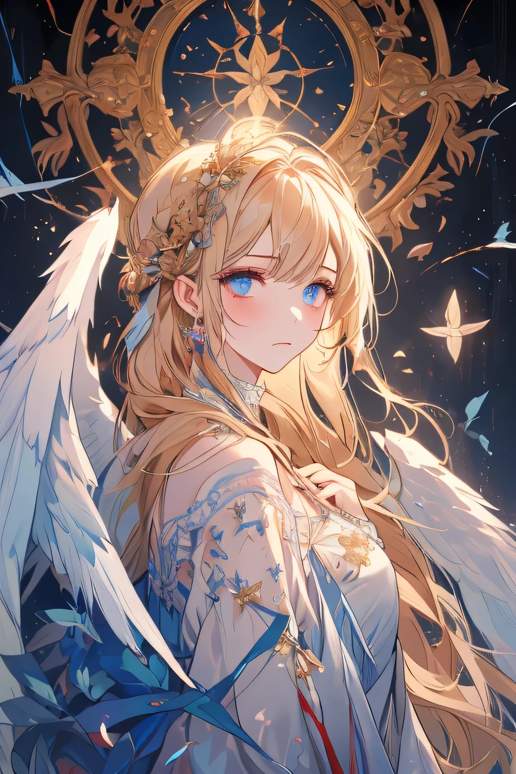 masterpiece, absurdres, best quality, ultra detailed, high Resolution, detailed illustration, bright colour, (extremely beautiful detailed face and eyes, Delicate beautiful face, 1 girl, cute face:1.3), (magenta eyes:1.1), sparkling eyes, big eyes, big breasts, (perky breasts:1.1), (pointy breasts:1.1), medium hips, glamorous body, white skin, BREAK, (blonde hair:0.8), messy hair, detailed hair, shiny hair, BREAK (undressed, angel:1.5), perfect lighting, (embarrassed:1.3), (ecstasy, vulgarity:1.5), (trembling:0.8), (art nouveau:1.5), (Zentangle:1.3), 