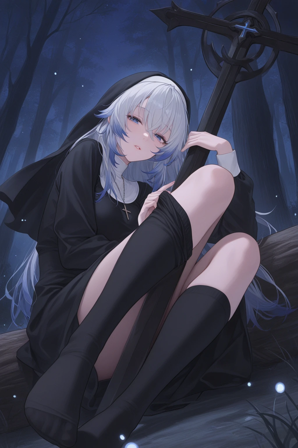 Highest quality, masterpiece,White Hair, Purple Eyes, Purple kimono, Exposing shoulders, ,Fair skin, Long Hair, Long Bangs, Small breasts, Confused eyes, snow, sexy, Cemetery, Cross Grave, jitome, evil grin, indian style, half closed eyes, Off Shoulder, ass pov, pale skin, flat chest, wavy hair