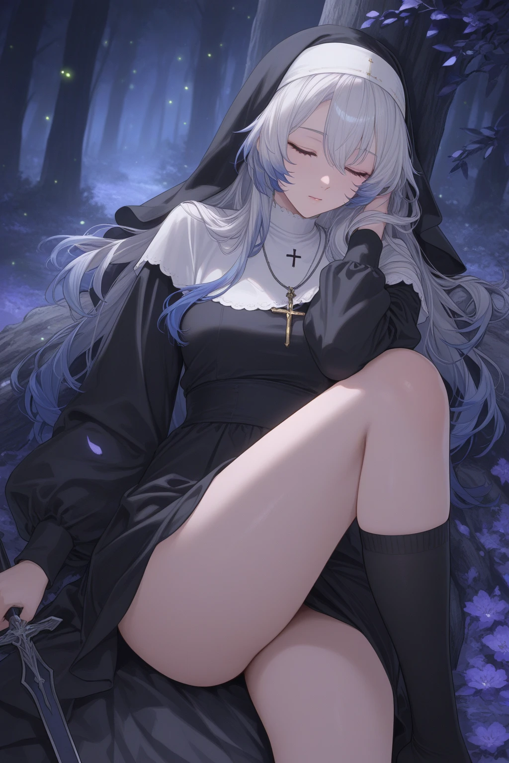Highest quality, masterpiece,White Hair, Purple Eyes, Purple kimono, Exposing shoulders, ,Fair skin, Long Hair, Long Bangs,  Small breasts, Confused eyes, snow, sexy, Cemetery, Cross Grave, jitome, lotus position, stretching, half closed eyes, NSFW