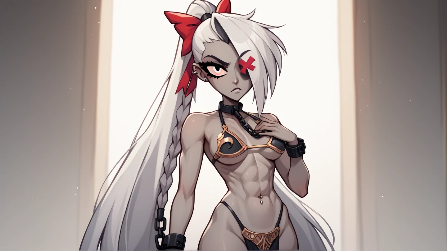 Alone human, Female, fantasy race, large breasts, leather bikini, hunter woman, white long hair, standing, dark skin, white cat ears, white cat tail, red tribal tattoo