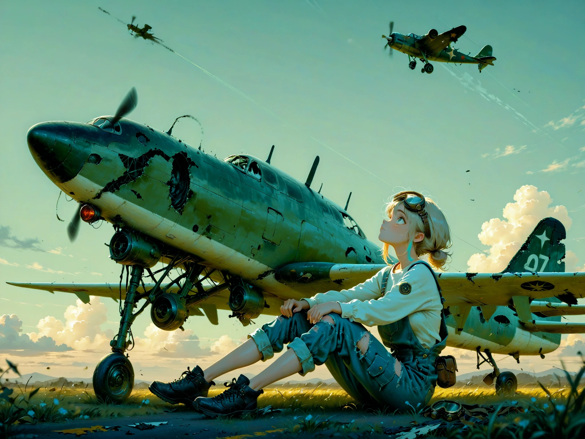 UHD, Masterpiece, Incredible Quality, Very Beautiful, Absurd, Ultra-Detailed,
plane on the ground:1.3, broken airplane wing:1.2, Torn airplane wing, airplane wing broken, Vast sky, plane with one broken wing, broken plane, 1girl, solo, leaning against plane, overalls, long sleeves, goggles, one knee up, stretching legs, sitting, looking up at the sky, from side, HDR, Vast sky, cinematic lighting with rim light highlights