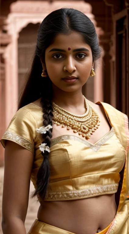 A girl with yellow saree and blue blouse with a necklace and earrings.