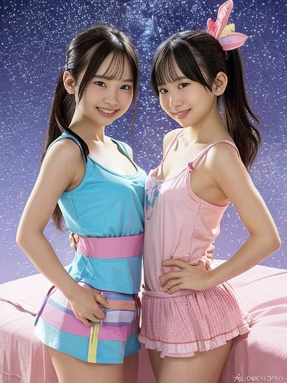 Pink T-back, pink Crocs shoes, twin tails, solo, pretty woman, (pyoapplev1:1.05), Pio Apple, (parted lips, bright smile), (glossy skin: 1.1), blushering, (bangs)), long hair, (slim and slender body)), (long legs), model figure, top quality, ultra high resolution, (photorealistic), (detailed face and eyes), hugging a macho man,