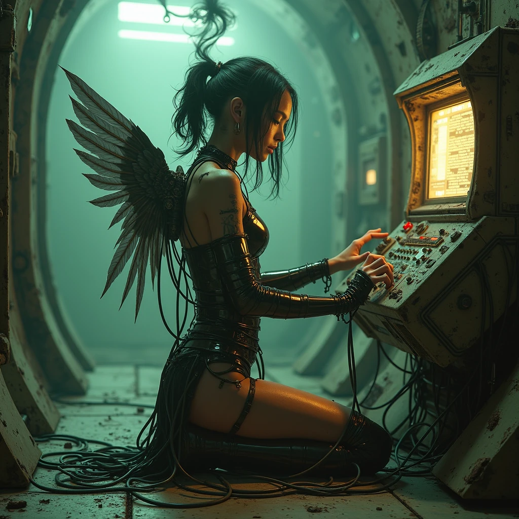 Cyber City Oedo 808 aesthetic, dark gritty grimey, manhunt footage, rusty, withering, moss, fungus, (woman in a dark abandoned workshop:1.3), (mental breakdown, psychotic, agony, pain:1.3), (mechanical wings), science fiction, ((mechanical woman cute)),solo,full body, (sitting),(machine made joints:1.2),((machanical limbs)),(blood vessels connected to tubes), (wires and cables attaching to neck:1.2),(wires and cables on head:1.2)