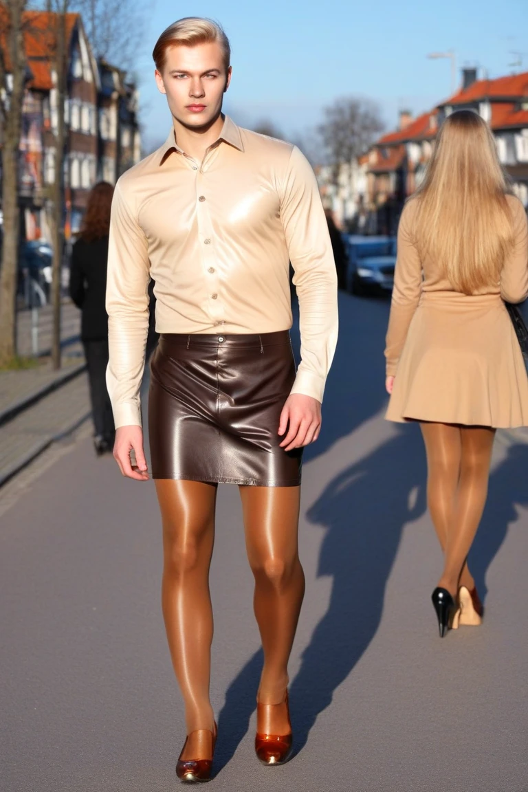 handsome man, wearing black sheer pantyhose, black latex mini skirt, high heels, realistic face, realistic background, highly detailed, high quality, 8K, masterpiece, detailed beautiful, photorealistic, 8k uhd, dslr, soft lighting, high quality, Photograph, high resolution, male, long stright blonde hair, full body, man, beard 