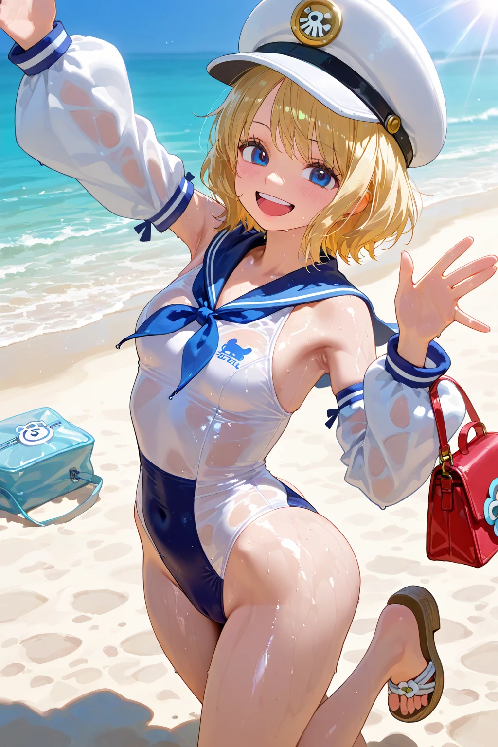 masterpiece, best quality, one-piece swimsuit, sailor collar, detached sleeves, sweaty, wet skin, sparkling skin, hat, sandals, bag, animal bag, 1girl, solo, blonde hair, twin drills, blue eyes, small breasts,covering face from sun, armpit, smiling, open mouth, happy, beach, sunshine, clear water, white sand