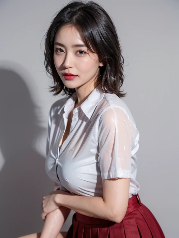 masterpiece, Highest quality, (Dark Photos:1.3), Realistic, Upper body photo, Beautiful adult woman, Short black hair, A clean, symmetrical face, (White shirt, Small breasts:1.4), Intellectual, Neat and clean female teacher, classroom