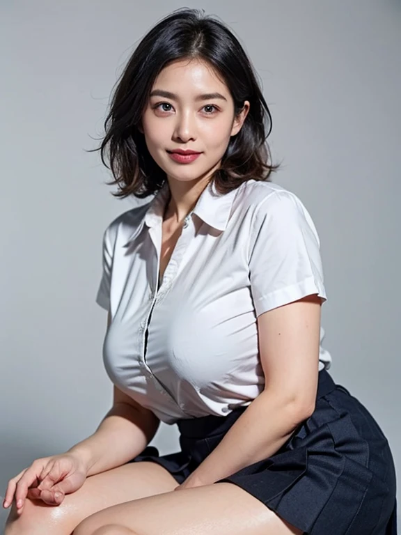 (masterpiece:1.3), (8k, Realistic, Raw photo, highest quality: 1.4), Japanese people々, (1 girl), Beautiful Face, (Realistic Face), (Black Hair, short hair:1.3), Beautiful hairstyle, Realistic eyes, Beautiful details, (Realistic Skin), Beautiful Skin, Charm, Ultra-high resolution, Ultra-realistic, Attention to detail, Golden Ratio, (deadly face:1.2), Look at the people watching,smile, Open white shirt, Mid-breasted, Are standing, Hands on hips, wear inner shirt, 45 year old mature woman, naked, nude, Huge, Slack, big, Obscene body, Beautiful Mature Erotic