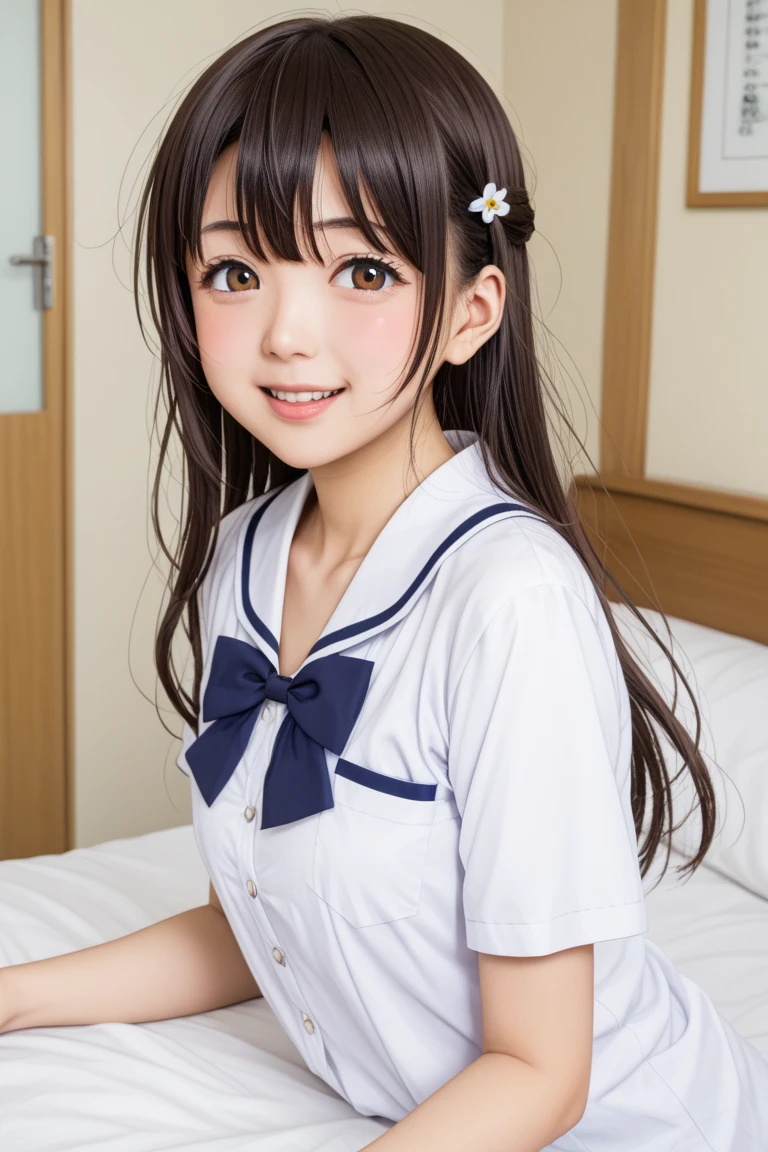 17-year-old girl、whole body、Hands behind head、(Schoolgirl uniform、Sailor suit、Navy Pleated Skirt、sit on futon)、Spread your legs、(White panties are visible、camel toe)、Small breasts、(smile、Perfect white teeth)、bangs、Long Hair、Hair Ribbon、(Twin tails in a high position、Smooth Hair)、Slim body、RAW Photos, (Highest quality、masterpiece、Realistic photo:1.2)、(Realistic:1.4)、Dramatic lighting、Bright lighting、Rim Light、Pastel Color Palette、Super detailed、Realistic skin texture、Beautiful eyes in every detail、Brown eyes、(Detailed Background、Depth of written boundary:1.2)、