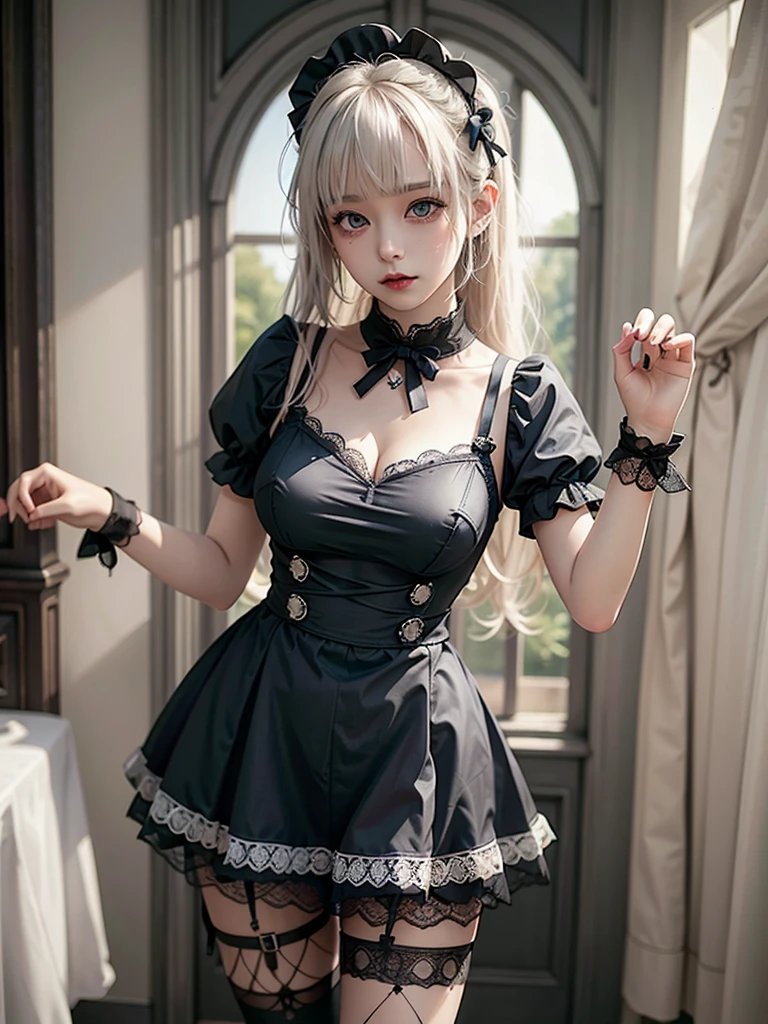 (8K, Photorealistic, Raw photo, of the highest quality: 1.3), (1girl in), Super beautiful, (Realistic face), (boyish, Silver Color Berry Shorthair), Beautiful , Glare that captivates the viewer, Beautiful expression, Beautiful breasts, (Realistic skin), Be...Super high quality, super high definition, super detailed, masterpiece, 20years old, female, cute, perfect face, beautiful, nice body, gothic lolita clothes, gothic lolita fashion, frilly skirt, headdress, necklace, bracelet, knee-high socks, boots, double eyelids, tear bags, Detailed down to the fingers, photo-like description, indoors, dim indoor lighting, blonde hair, short bob, standing, whole body, composition that shows the whole body, smiling