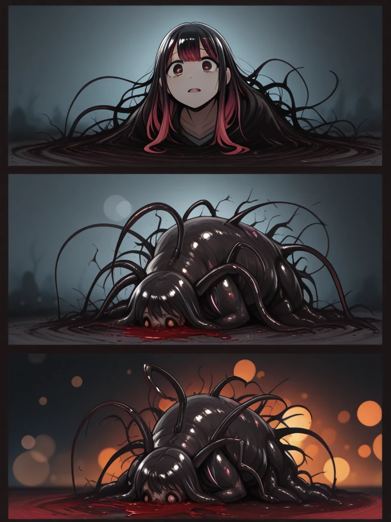(((Erotic and grotesque:1.6))), (Frighten:1.5), Black Hair Girl, Melted clothes, (In the stomach of a living thing), Being swallowed, Mucous membrane attached to the body, Mucous membranes that invade the genital area, Cut a hole in the stomach to expose the innards, Red background, Complex shapes, Slime \(substance\), masterpiece, (Highest quality, Very detailed), ((Precise depiction)), Melting Body, (Bloody body), anatomy,(Browsing Caution),Vomiting bodily fluids,Prying open the genitals and penetrating the mucous membrane,grotesque, Slimy texture,(My body started to melt too....),bleeding from the genital area,,,,Mucous membrane entering the mouth
