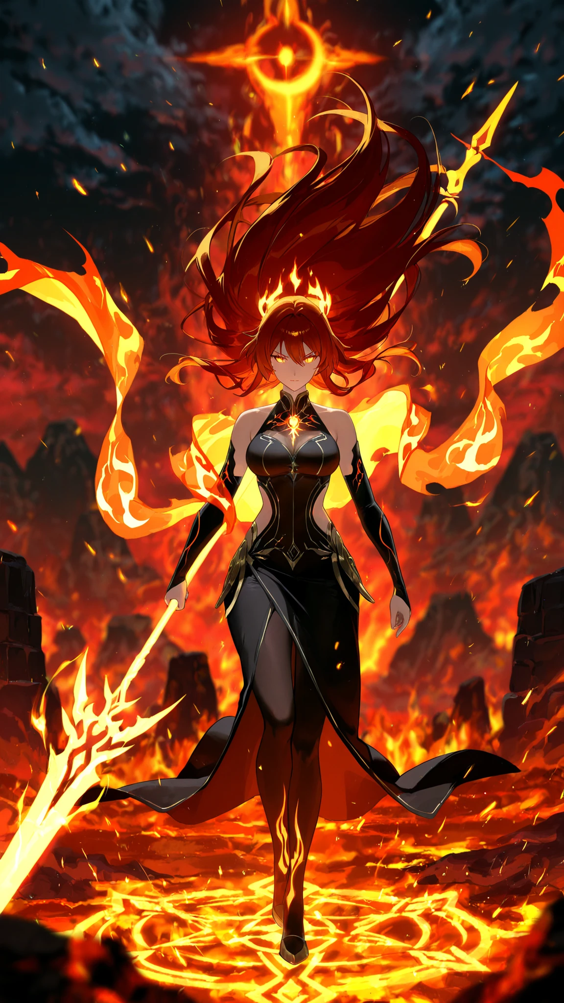 margaret_odeus, mature female, detailed, masterpiece, HDR, detailed sharp, best quality, highres, 1girl, solo,
long_hair, orange_eyes, hair_ornament, red_dress, cleavage, thighhighs, boots,
makeup, thick lips, lipstick, eyeshadow,
fiery_hair, angry, floating hair, fire, from behind, henshin, fighting stance,
backlighting, depth of field, indirect lighting, dim lighting, hand
curvy, thick thighs, narrow waist, wide hips, large breasts,
<lora:margaret_v01:0.80>
