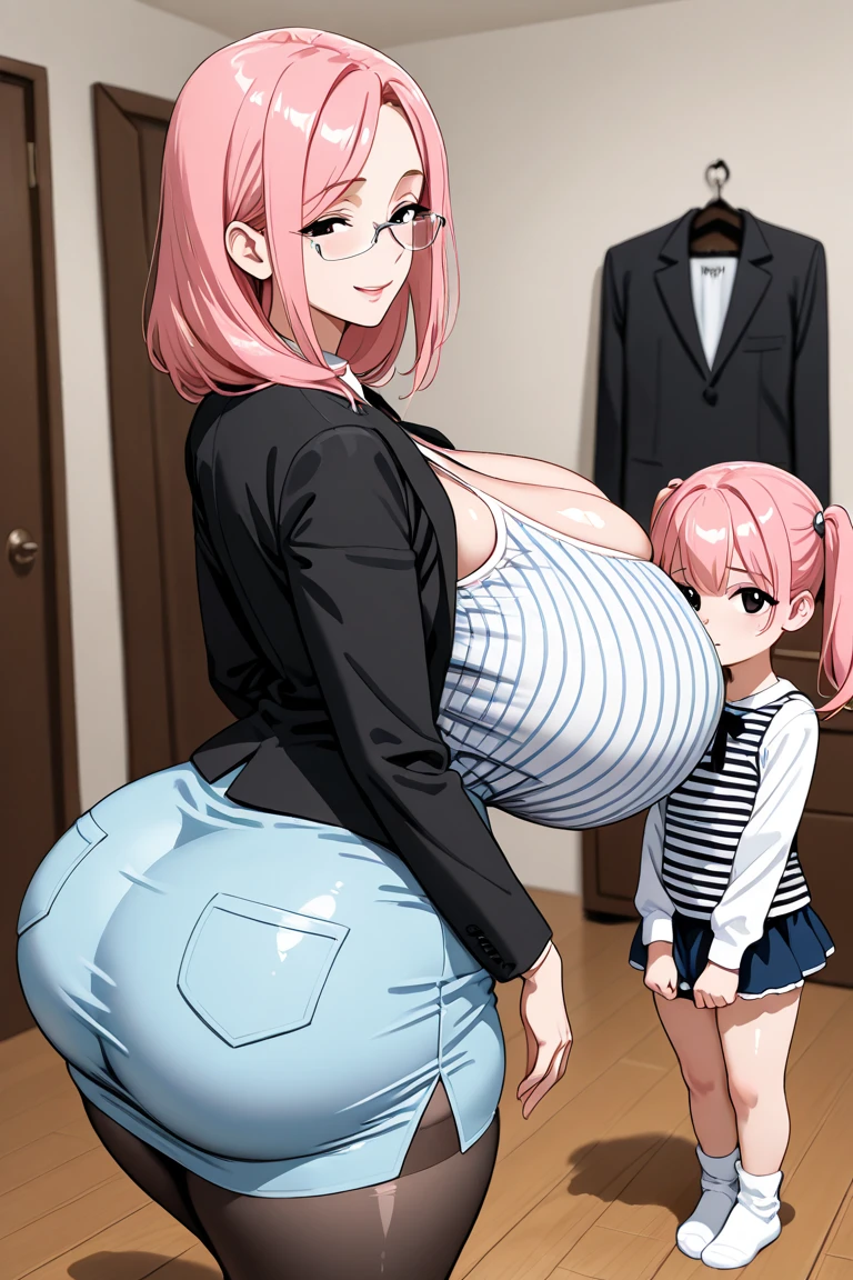 (2 meter tall girl), beautiful, pink lips, thick thighs, skirt, big ass, no shirt, high heels, wedges, pink panties, (bra), (holding phone), gigantic breast, (no buildings), single road, masterpiece, Highest quality, colored hair, long hair, (blue eyes), looking down, (big breast), (standing), buss stop, (tall girl), (leaning against glass), ((tiny guy)), small guy and mini giantess, (buss station), side view