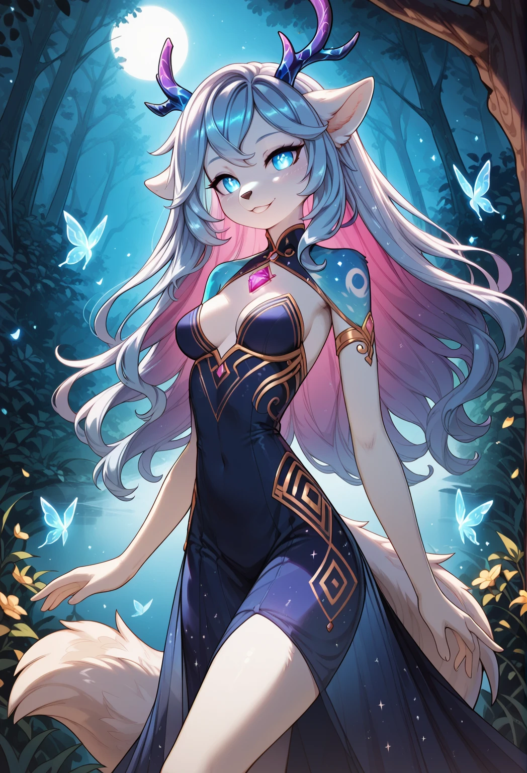 1girl ( is an elf ), wearing black Chinese-style clothes, a long-sleeved shirt that exposes about 60% of the chest, light purple skirt 15cm shorter than the knee, goblin ears and red teardrop earrings, position with legs spread and chest up, (( Seductive and sexy )), (vaginal rims and nipples exposed),white hair,braid your hair to waist length, blue and green eyes, smile, large breasts, thighs, beautiful and detailed, detailed eyes, detailed face and hair, detailed background, depth of field, light particles, light rays, sidelighting, a poetic and magical butterfly forest background, look at the transparent butterfly, 20 years old, Looks shimmering and bright.