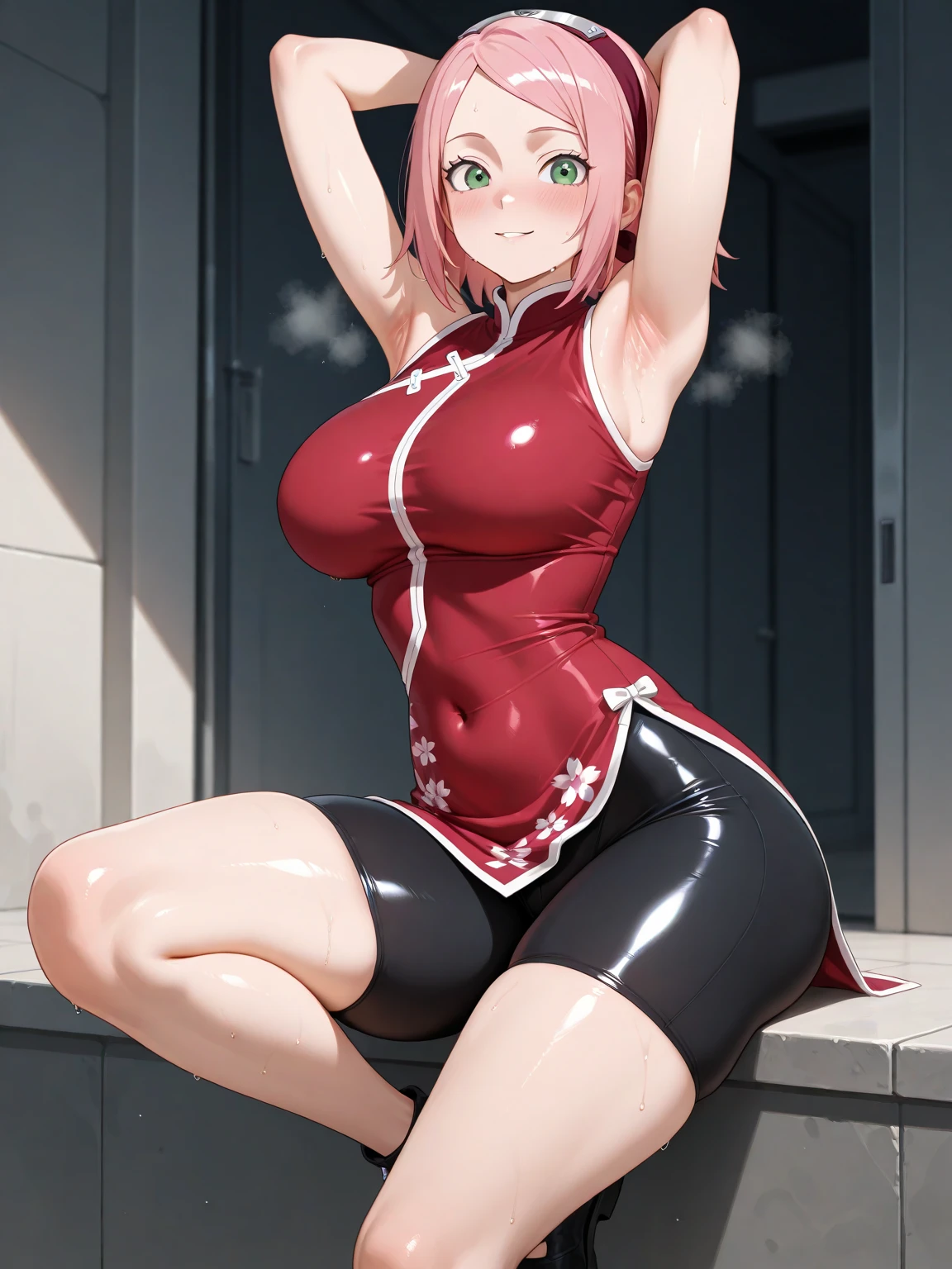 Haruno Sakura, long hair tied low, hair band, Pink hair, hana purple eyes, beautiful, beautiful woman, perfect body, (((thick thighs))), perfect breasts, wearing white pajamas, pajamas, sleepwear, in the kitchen, clear kitchen, looking at the audience, a slight smile, realism, masterpiece , textured leather, super detail, high detail, high quality, best quality, 1080p, 16k