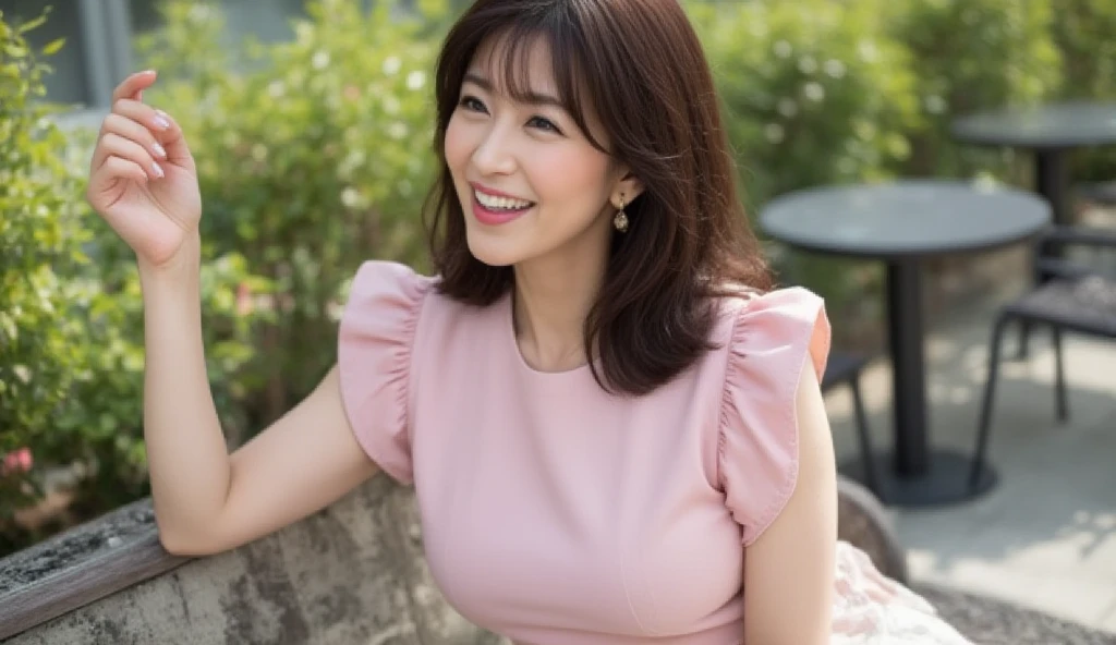 最high quality, 8K, masterpiece, Tatsuma, Sharp focus, high quality, High resolution, Detailed face, Fine grain, Thick lips, (View your viewers), alone, Beautiful woman, Age 35, plump, Beautifully groomed hair, Cleavage, A colorful see-through short dress with a sexy, sheer look and vibrant colors, Afternoon in front of the park garden, Bodies facing random directions,