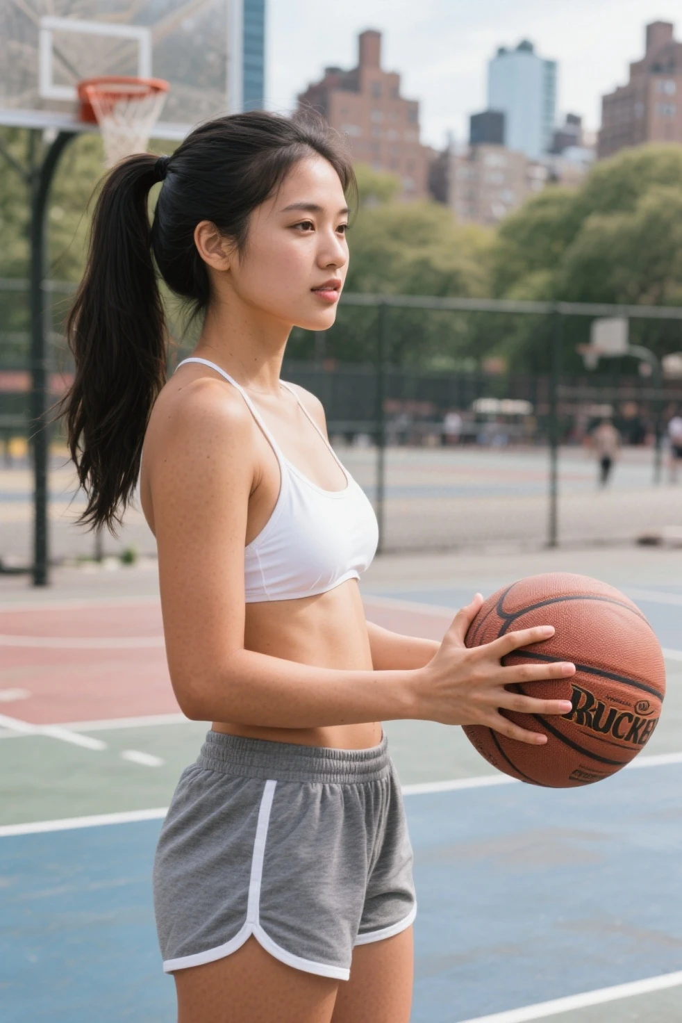 Women's basketball player ,huge tit,Exercise regularly,Fit and fit,Strong, basketball playground,wide wide shot,Delicate face,Greasy and healthy skin,llight rays,musculous,large muscle,Abs,The pectoral muscles are well developed,The biceps muscles are well developed,The thigh muscles are well developed,(Extremely refined and beautiful),(tmasterpiece),(best qualtiy:1.0),(超A high resolution:1.0),beautiful light up,Realistic details,fully body photo,(Photorealsitic:1.4),Pedras preciosas,耳Nipple Ring,navel ring,Yin ring,no clothe,pantyless