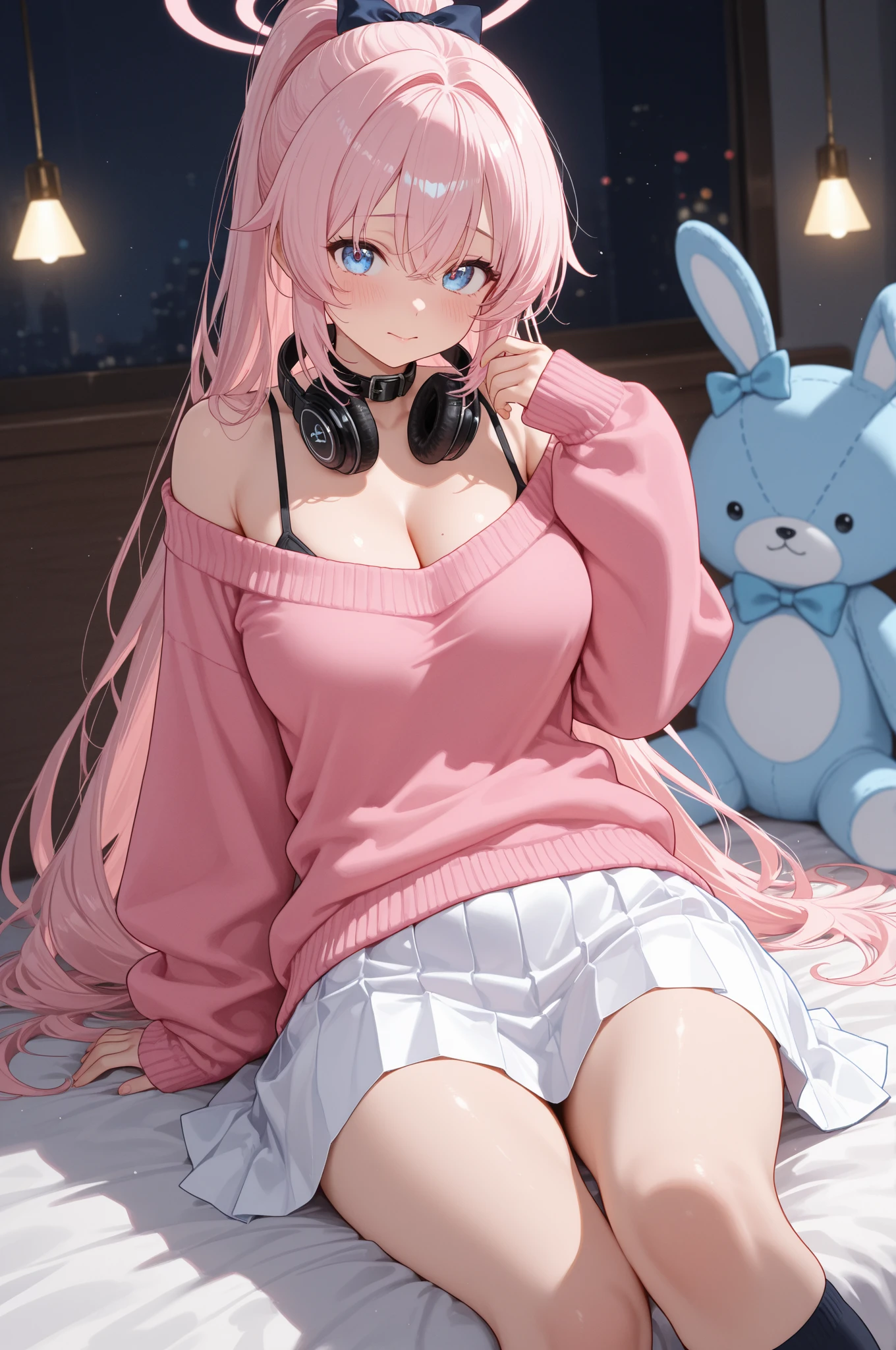 Gale Girl,white skin,pink twintail hair, white strapless,High waisted sleeveless jacket,white shirt collar, heart shaped collar, black armband,black stockings, black jeans shorts , sitting on a sofa chair,cross your legs, sexy poses, 