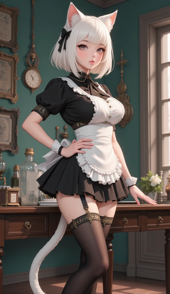 lifelike, high resolution, 1 girl,big breasts,Off the shoulder dress, white hair, Korean, heterochromatic eyes, Sports tights, Big breasts, big thighs