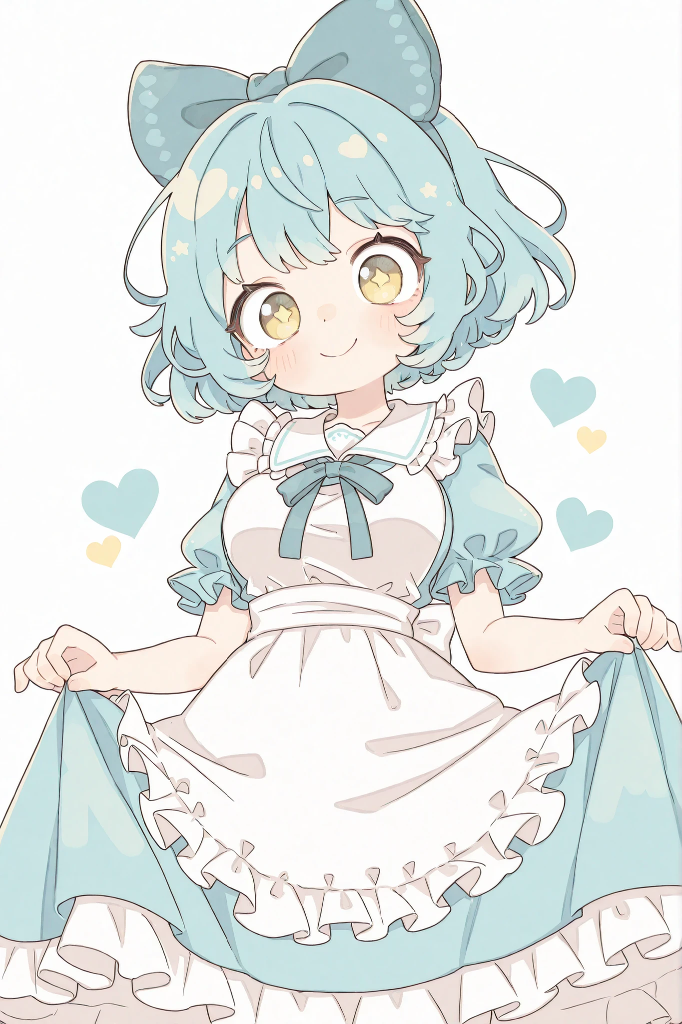 solo, 1girl\(cute, cute,small ,Sky blue hair,Yellow Eyes,detailed pupils, Wear a dress\(Alice in Wonderland\), big eyes,smile,cute pose,,fur from below,anthro,dynamic angle\). plain background\(simple,cute,Sign symbol\(hearts,Star\)\). BREAK .. BREAK .masterpiece, high score, great score, very aesthetic, high resolution, Super Detailed, 非常にhigh resolution, Newest,big breasts