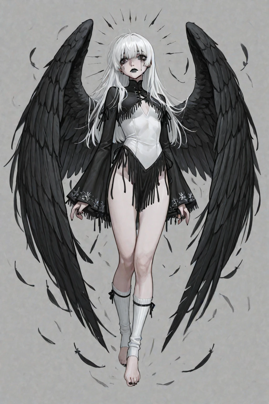 a tall girl, with human appearances of dark skin ,  deep black eyes, with a cute. body , dressed in a brown torn dress , short at the knees , that she is very beautiful, that she has wings similar to those of an angel, gray hair with a long, straight red lock, two small horns on her head. with slightly thick legs and nice hips, nice well-shaped breasts, prominent lips and very pretty eyes, a somewhat short face seen from the front 

