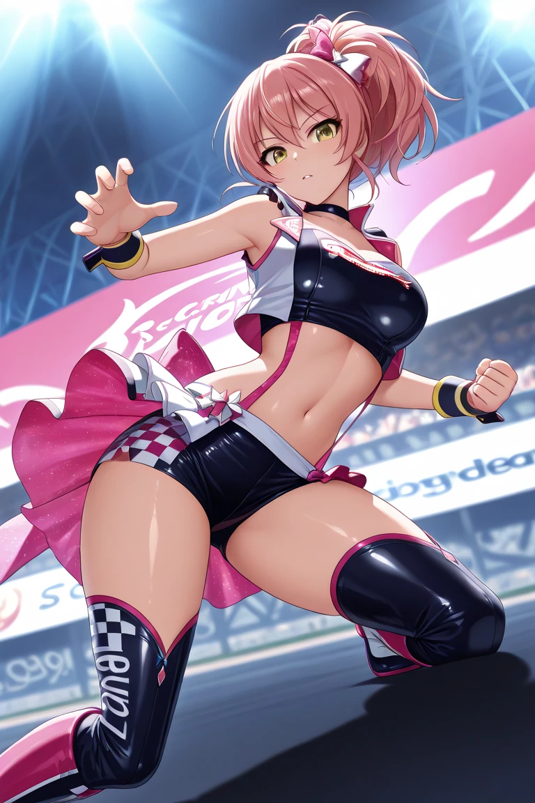 ((race queen)), ((skirt)), Neon outlines, (Black pantyhose), (latex high heel boots), skinny, solo, 1 woman, Masterpiece, highest quality, highest quality, 16K, incredibly absurd, highly detailed, 2.5D, ai-generated, delicate and dynamic, very delicate facial expressions, delicate eye depiction, erotic, only sexy woman, ((A cute and kind face)), healthy figure, ((25-year-old woman)), 160cm tall, medium firm swaying bust, (short hair), (pink hair:1.5), bob cut, black eye, blush, Sweat,Embarrassed,sexy, ((thin thighs)), (camel toe:0.8), (Erect nipples:0.9), (visible nipples:0.5), ((shiny and lustrous)), facing straight at viewer, smile, (standing), cowboy shot, ((arm at side)), Large park, daytime, bright, on the grass,