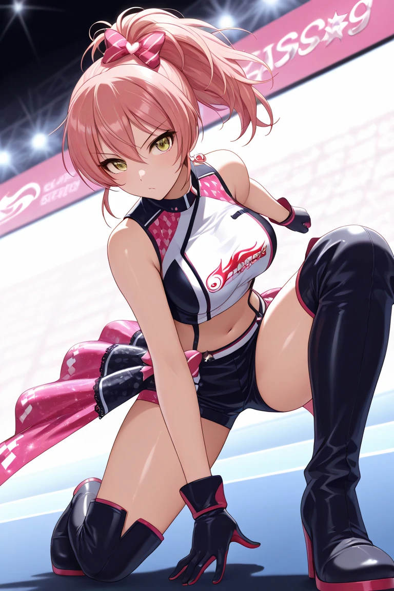 An ultra-detailed full-body illustration, style of 1980s Japanese comics, 8k resolutions, 1girl, solo, Sharp Focus, slender leg, Characterize by alluring, The character has striking pink hair, Perfect Figure with pale skin and a slender physique. she soaking wet, She is training intensely in a boxing ring, wearing retro athletic gear, including white mesh crop-top with no bra, white sheer t-back bikini with no pant, black open-finger boxing gloves, and sneakers, Bra comes off, nipples, highlight breast, wet clothes, wet body. The scene is vibrant with retro colors and dynamic lines, capturing the intensity of her workout while blending a sporty, fashionable, and retro aesthetic.