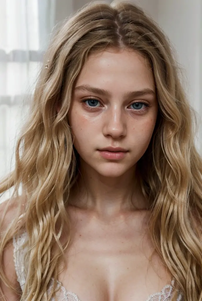 Symmetrical, High Detail RAW Color Photo Professional Photo, [:( High Detail Face: 1.2): 0.1], (lora:PJ DH), pores, real skin, breast focus, shining eyes, looking at the audience, lens flare, shadow, bloom, natural lighting, hard focus, film grain, photographed with a Sony a9 II Mirrorless Camera, portrait chloe grace moretz, thick neck, 18 year old female model, 18 years old, 18 years old, profile image,  realistic, post-processing, maximum detail, beautiful thin blonde teen, sit, posing at home, big breasts