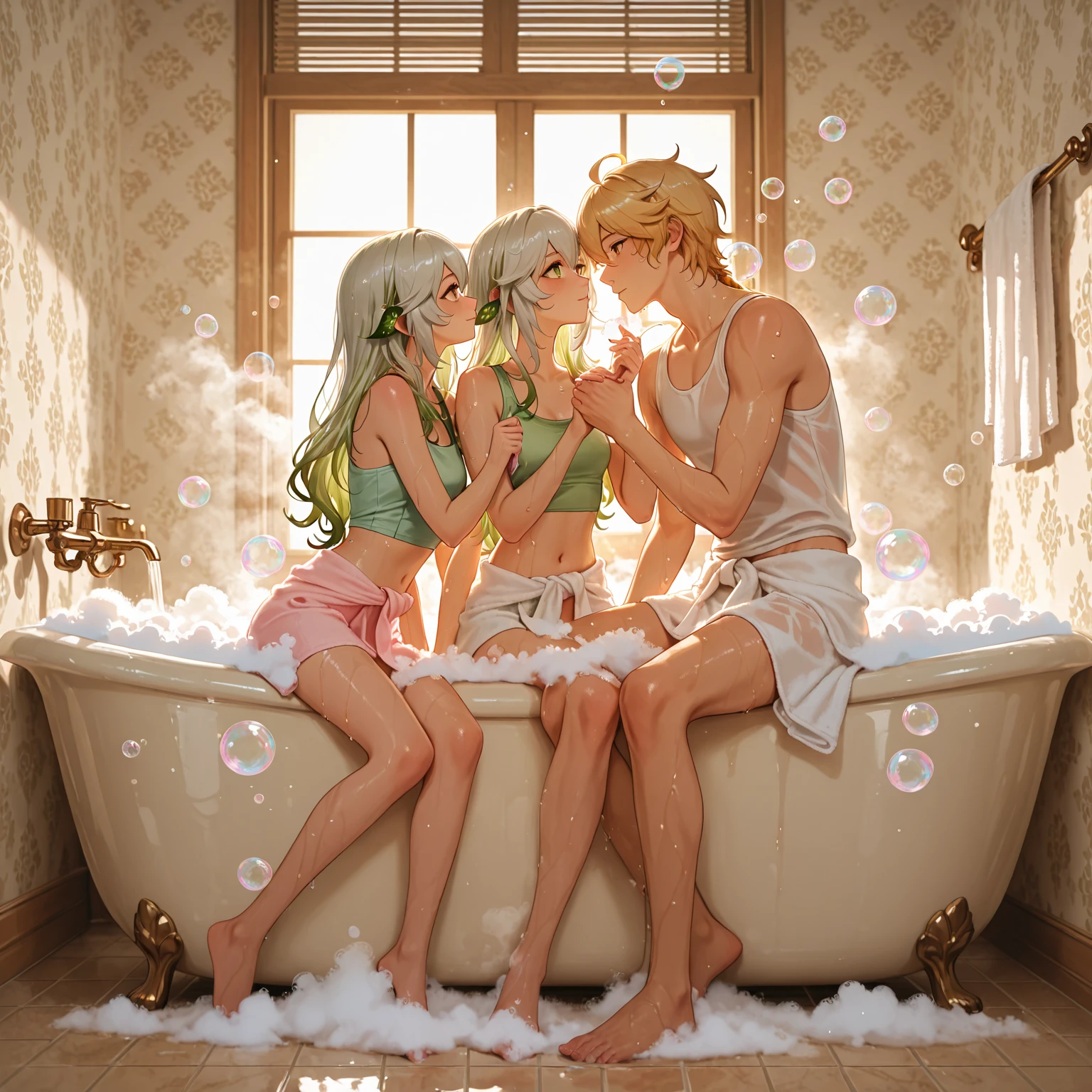 Shirtless Blonde boy wearing a red swim suit tied with arms over head in a bathtub and tickled on his stomach by a smiling lady,2girls,tickler’s hands on torso, soap suds,steam,laughter,eyes closed,Masterpiece