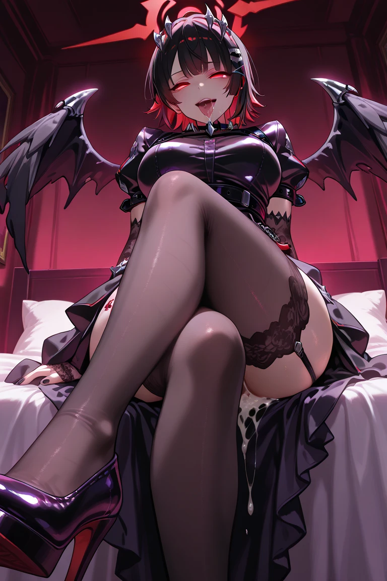 halo, detached wings, energy wings, exusiai \(arknights\), 1girl, solo, (black dress, long dress, criss-cross halter, elbow gloves, sleeveless, pelvic curtain, ), hair over one eye, night ,indoors, arachne, monster girl,