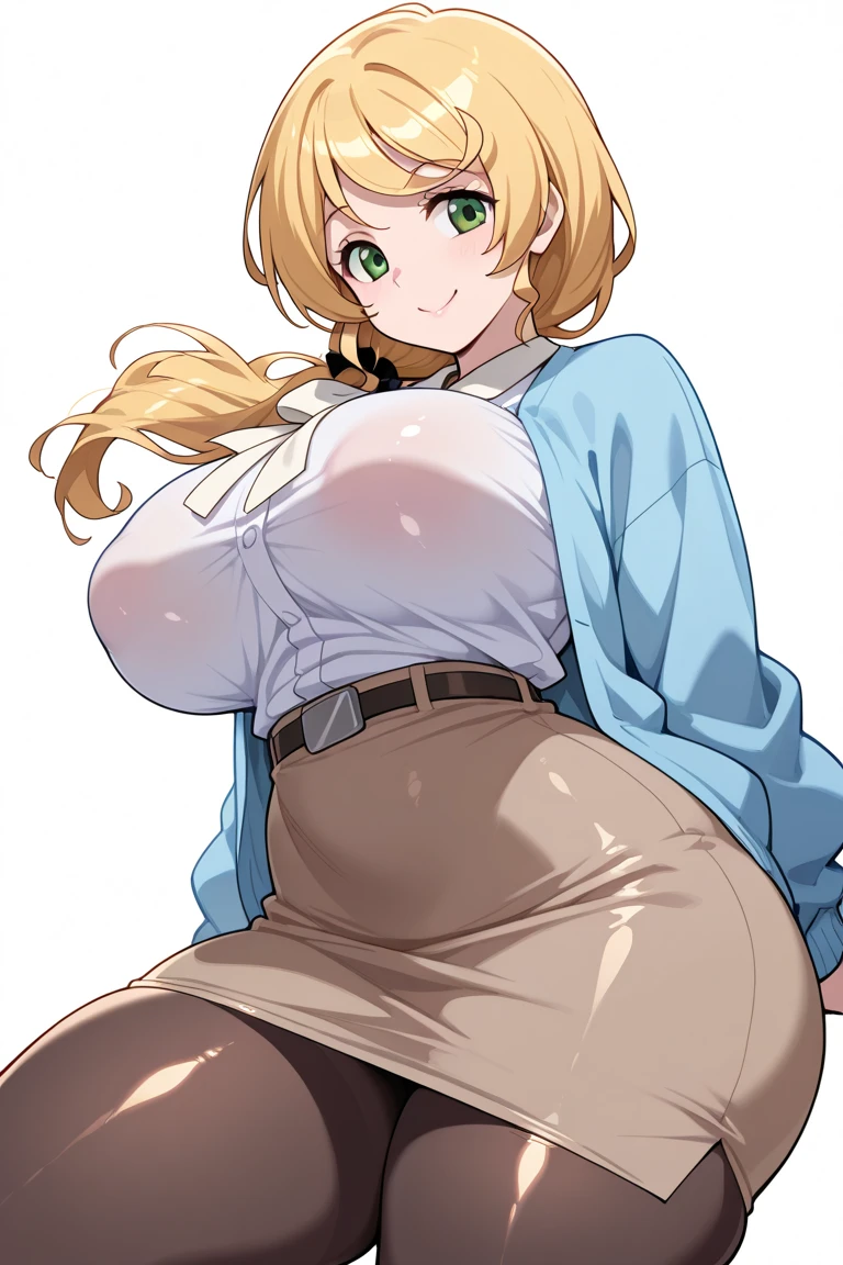 One girl, simple white background, smile, (teacher:1.4), Open your mouth, 
Ellen_baker, Green Eyes, Blonde, Long Hair, Hair Scrunchie, Jacket, White shirt, Skirt best quality, masterpiece, High resolution, large breasts, milf, Shiny, oily skin, Mature mother, Calf, Seductive mature woman, Perfect body, narrow waist, (thick thighs, voluptuous thighs), bare legs,