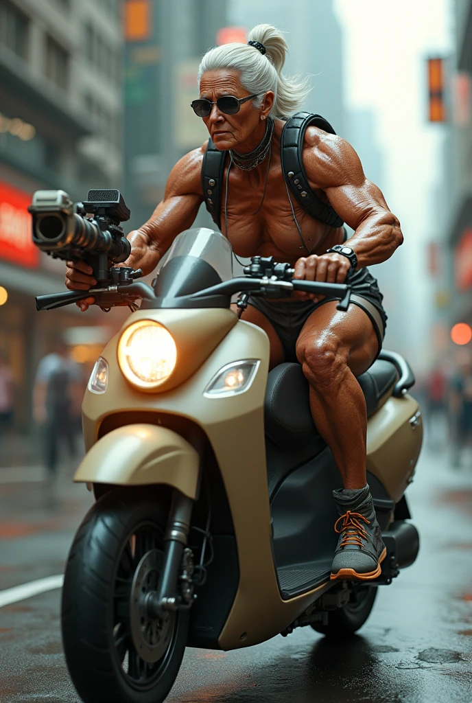A very thin man riding a very realistic giant motorcycle with an indentic texture to that of a man. 
