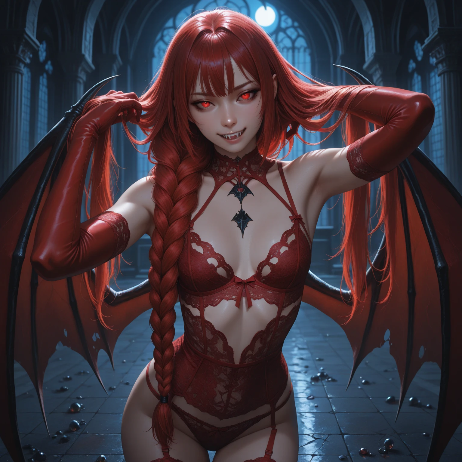 red (antopomorf dragongirl), scale, (clear eyes), long dress, flat breasts, evil smile, open mouth teeth, hug