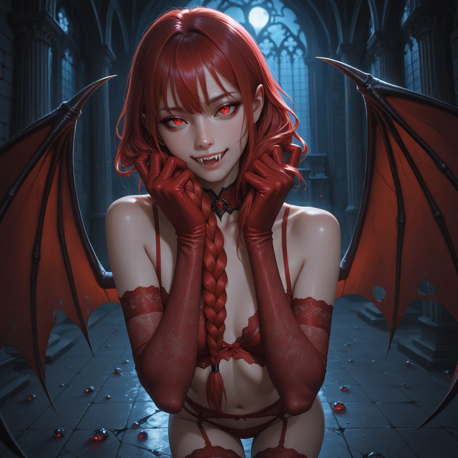 (hyperrealistic:1.25), (illustration), (high resolution), (8K), (extremely detailed), (best illustration), (beautiful detailed eyes), (best quality), (ultra-detailed), (masterpiece), (wallpaper), (photorealistic), (detailed face), high detailed realistic skin texture, anatomically correct, solo, 1girl, (high detailed realistic hair), (red hair:1.3), (heterochromic eyes), (detailed red glowing eyes:1.25), (realistic big breasts:1.3), (cleavage), (exposed breasts), (bare shoulders), (long legs), (slender abs), (dynamic pose), (closed lips:1.3), (full body), nsfw, absurdres, highres, ultra detailed, eyeliner, sideboob, narrow waists, wide demon wings, devil horns, tattoo, detail background Darkness Empire Palace, FireMagicAI, intricate, Full moon,