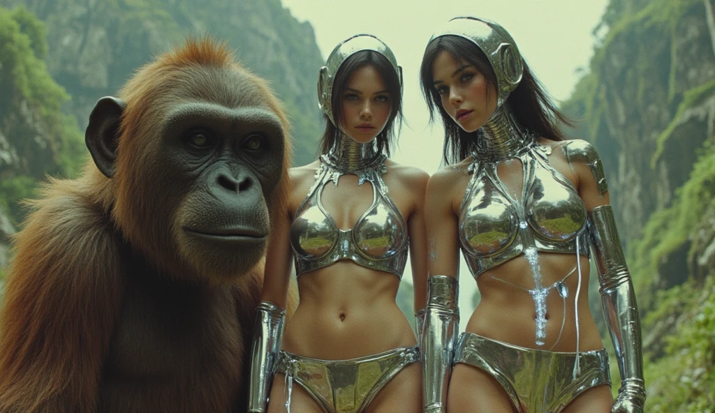 60s sci fi movie Aubrey Plaza (sexy silver space swimsuit, bubble helmet, fancy electronic tools) is being guarded by her brown bear cyborg companion (bubble helmet), alien world