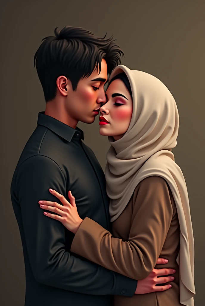 Indonesian teenage boy hugging a very fat and beautiful woman wearing a hijab
